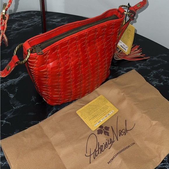Patricia Nash Woven Leather Valbella Zip Crossbody Bright Coral Red AUTHENTIC - Picture 7 of 15